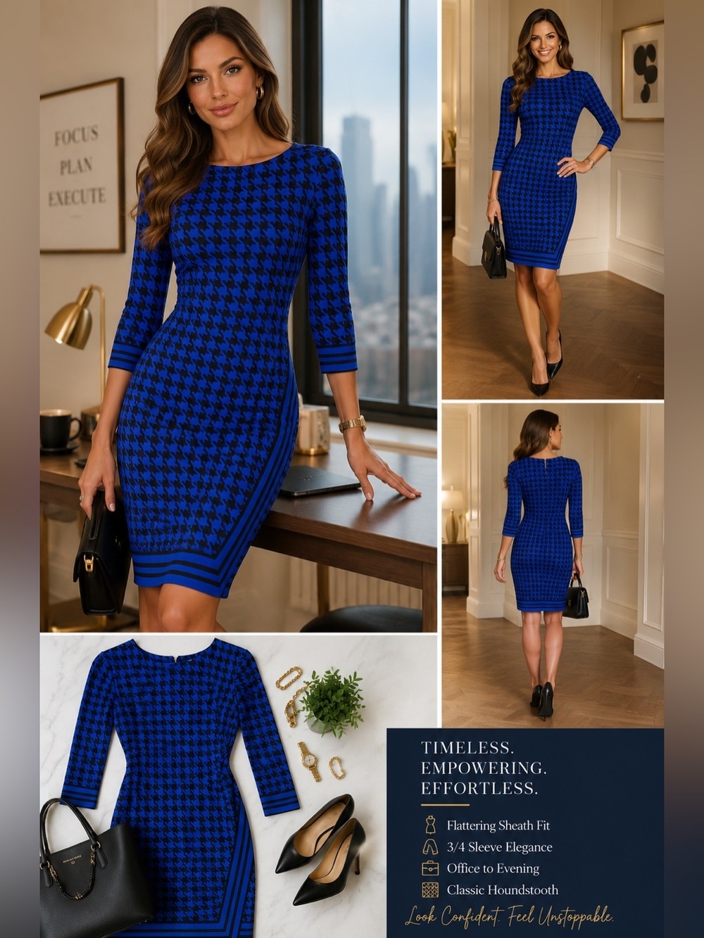Michael Kors Blue & Black Houndstooth Sheath Dress 3/4 Sleeve Career Office